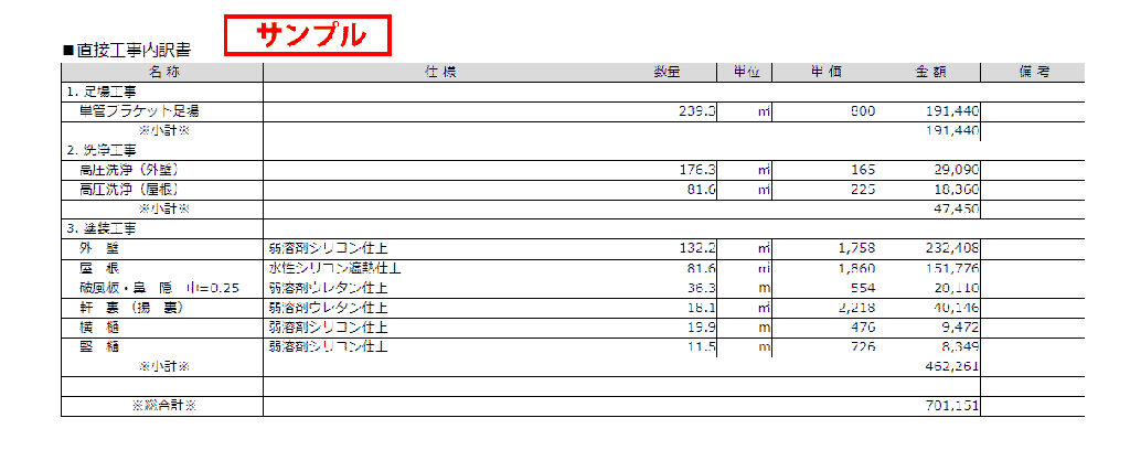 ｢複合単価方式｣の見積書例、予算内に合わせて工事内容を増減するのに便利な見積書です。